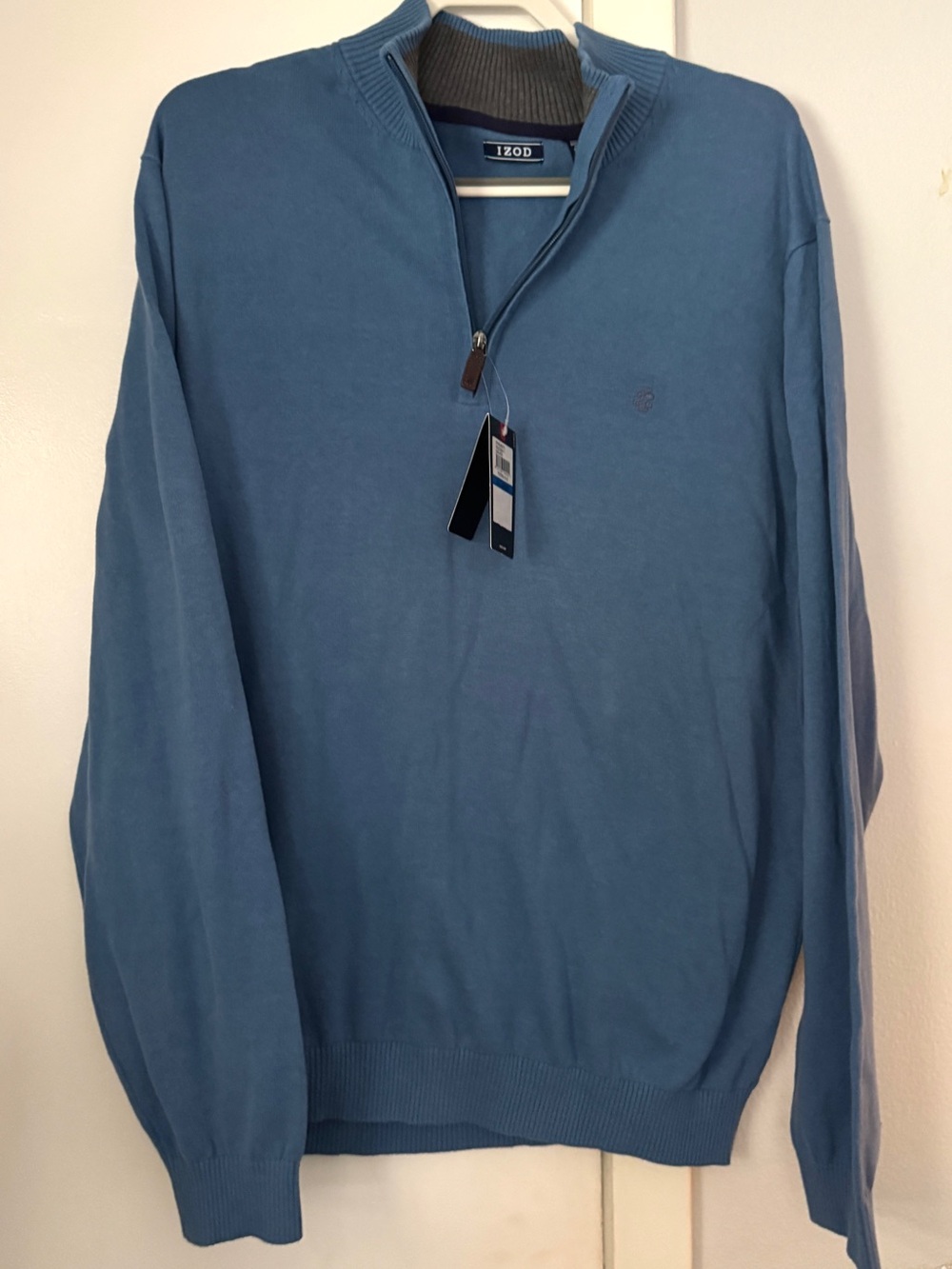 Izod Men's Federal Blue Quarter Zip Sweater with Gray Trim XL NWT Cotton Preppy